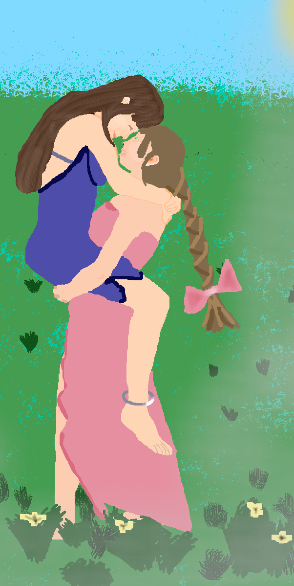Aerith in a pink dress carrying Tifa in a blue dress in a meadow